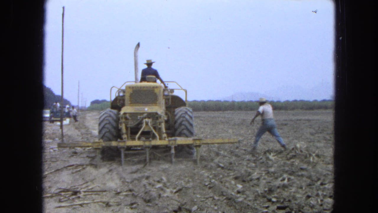 Yellow tractor plowing a dry field as a man in a hat walks beside it.