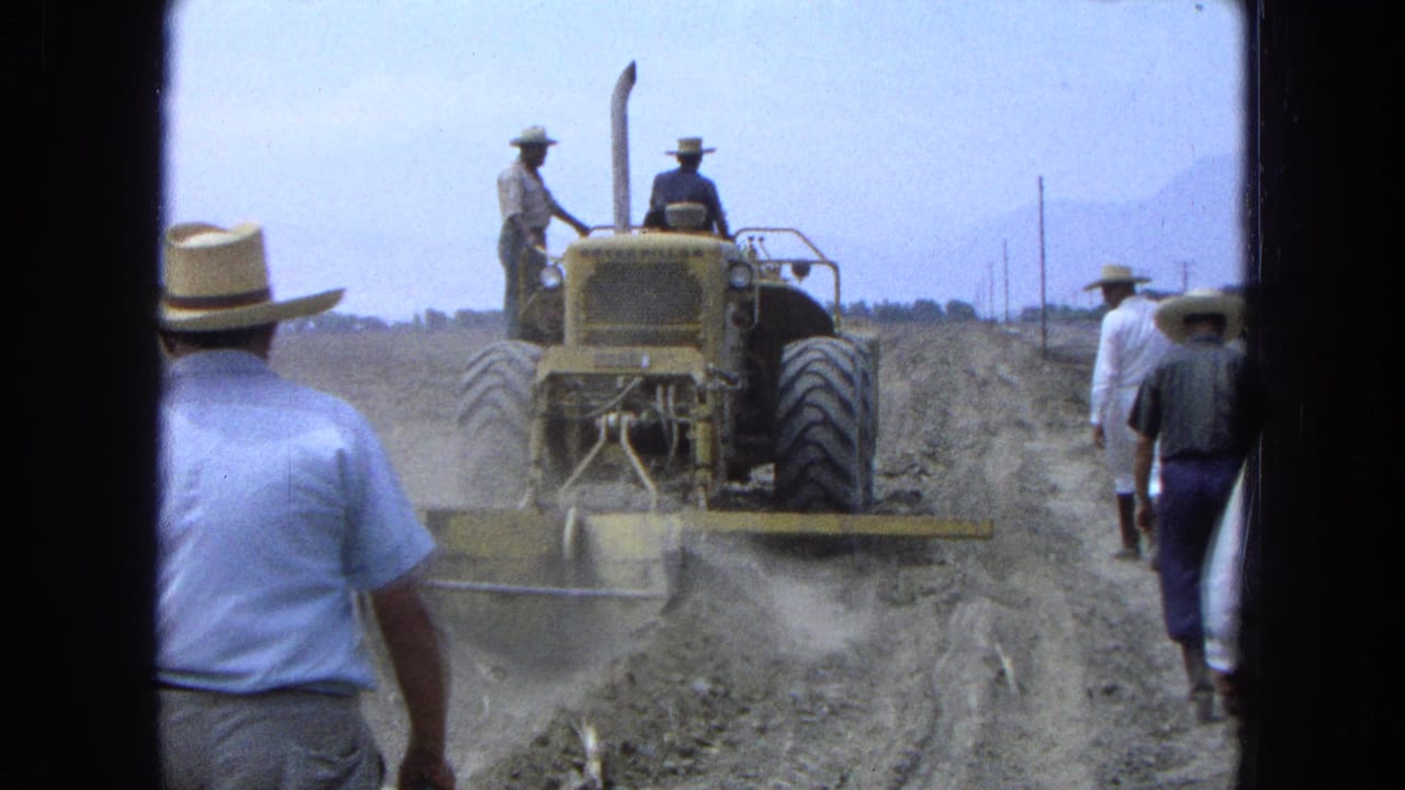 Workers follow a yellow tractor moving through a dusty field road.