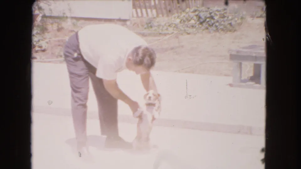The man bends close and appears to steady the puppy upright during the training moment, with a bench or low object visible at right.