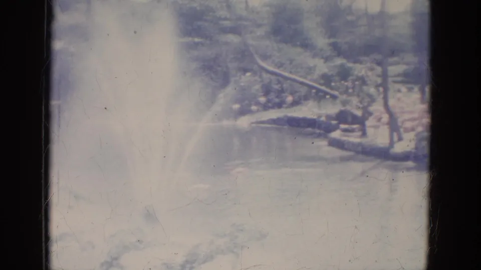 1966 Florida home-movie frame showing a pond fountain, landscaped banks, trees, and a distant visitor path.