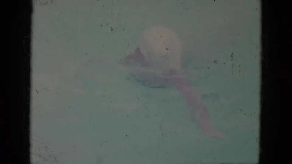 A woman in a white swim cap is visible in the pool, softened by faded 8mm color, scratches, and light exposure haze.