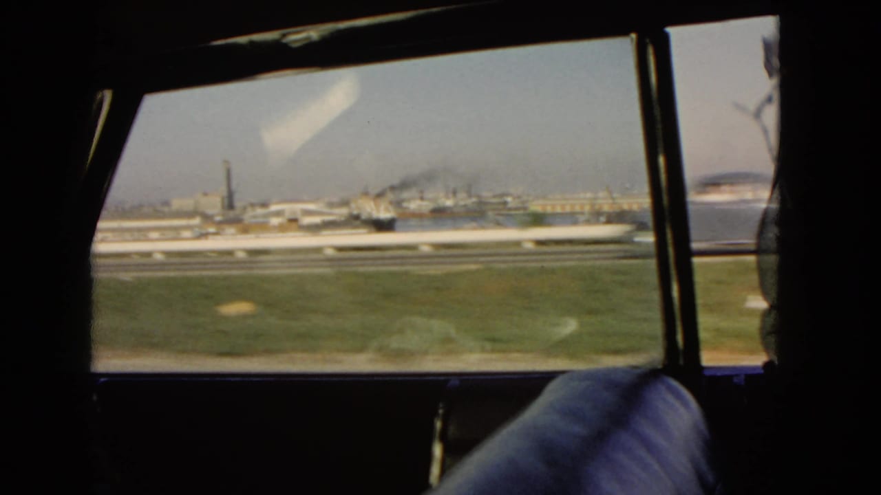 View from inside a car across grass toward a harbor with industrial buildings and water.