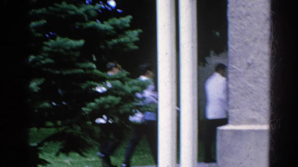 The wedding party continues past an evergreen and white columns in the 1966 Danville, Illinois home-movie scene.