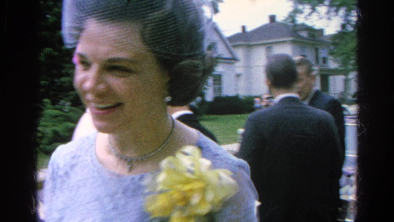 Smiling woman in a light blue dress and birdcage veil at an outdoor gathering.
