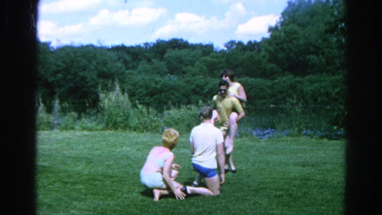 Four young people play on a grassy lawn beside a pond and trees.