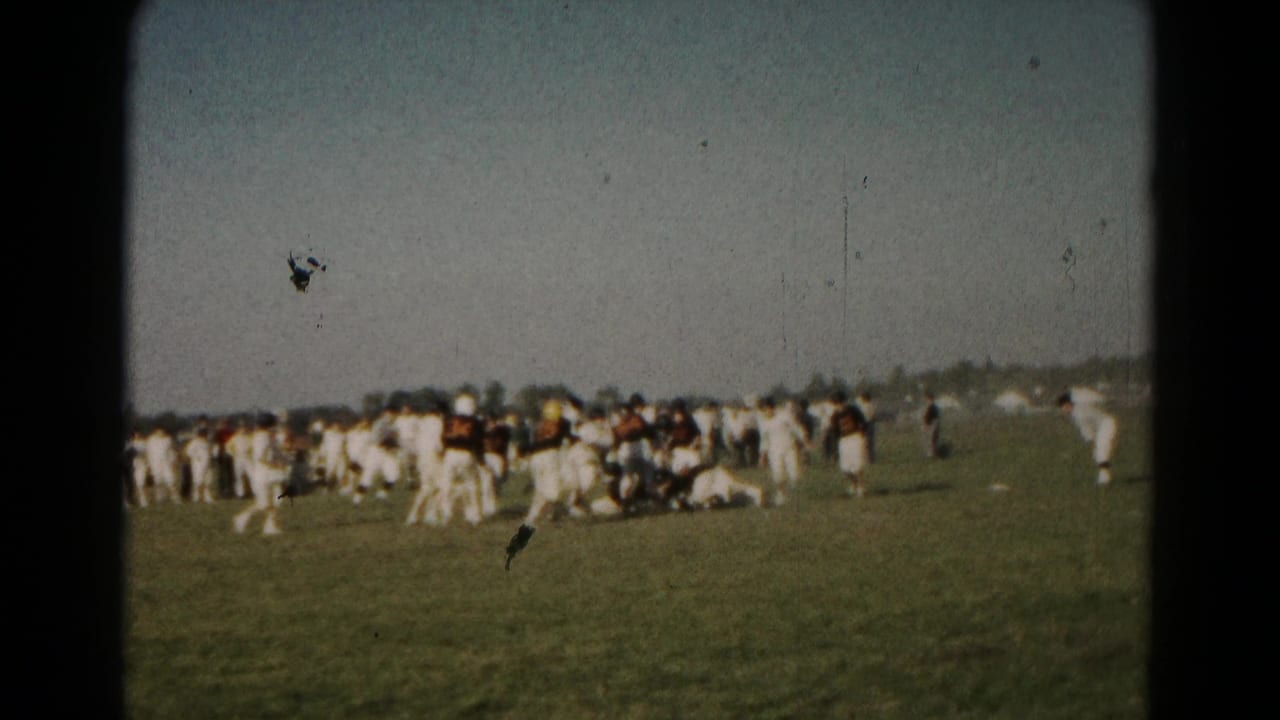 Football players gather on a grass field under a bright sky.