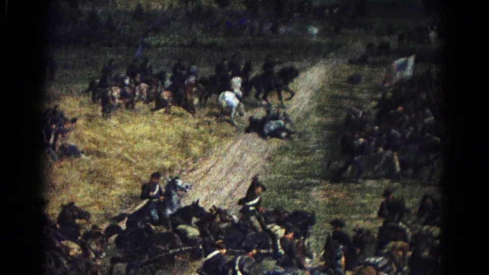 A brief 1966 museum or historical display view shows mounted riders, scattered figures, and a dirt road in a Civil War-style reenactment scene.