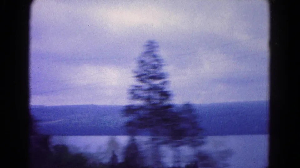 Moving 8mm view near Hagerstown, Maryland, with a blurred tree crossing a lake and ridgeline background.