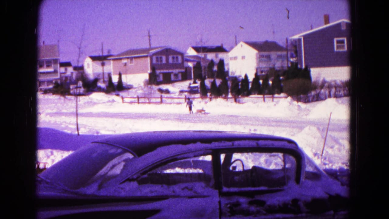 Snowy suburban street with a person and dog crossing behind a snow-covered car.