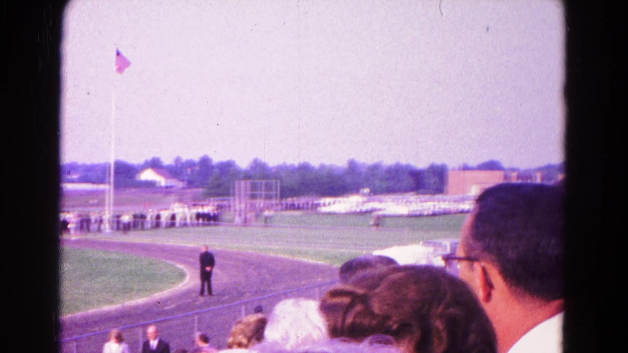 Spectators in bleachers watch a field ceremony with a flagpole and track visible.