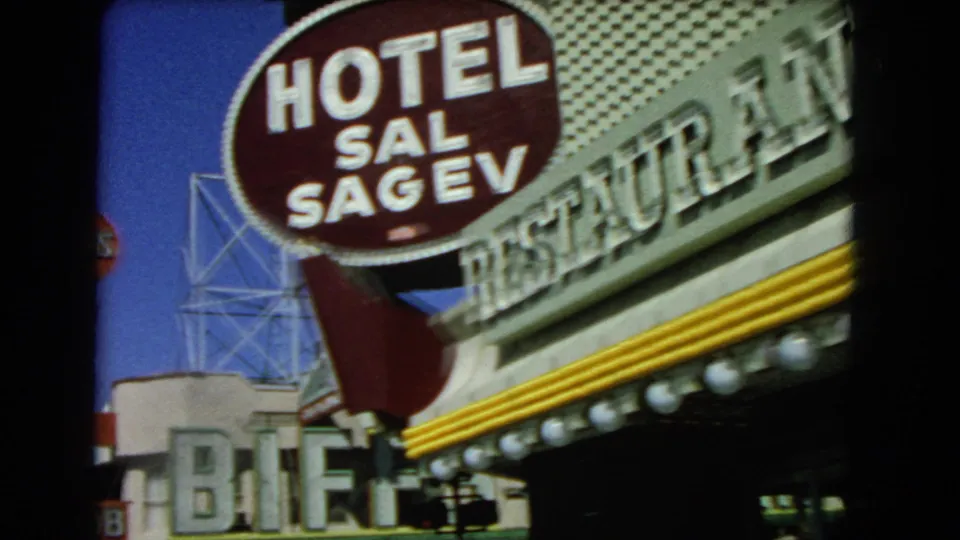 1966 Las Vegas view of the Hotel Sal Sagev sign with restaurant lettering and mid-century marquee details.