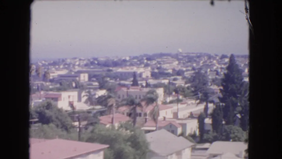 1966 Los Angeles hillside panorama with single-family homes, palms, trees, and a distant hazy ocean line.