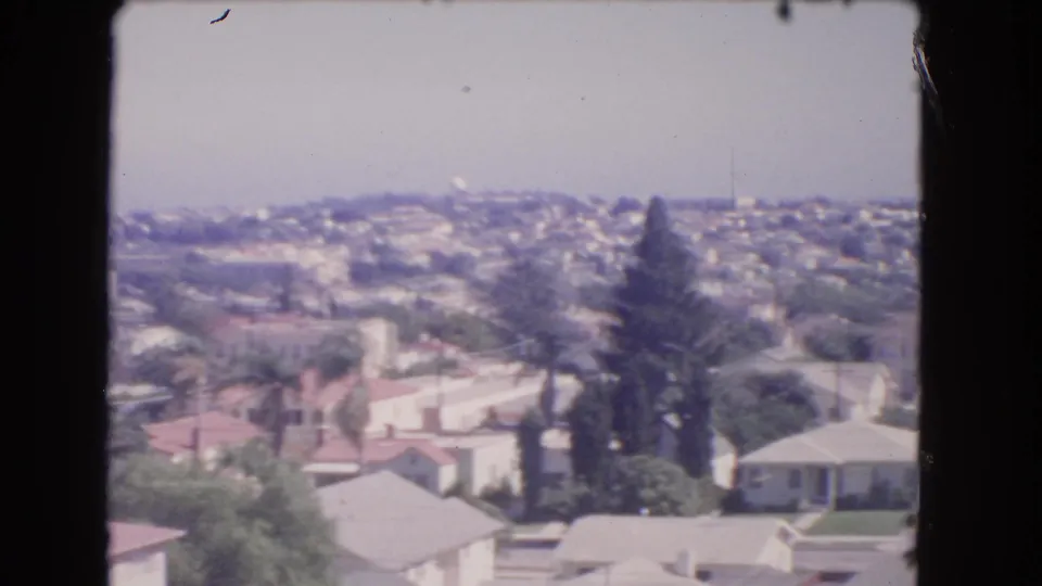 1966 home-movie frame of Los Angeles residences, tall palms and evergreens, with dense hillside housing in the distance.