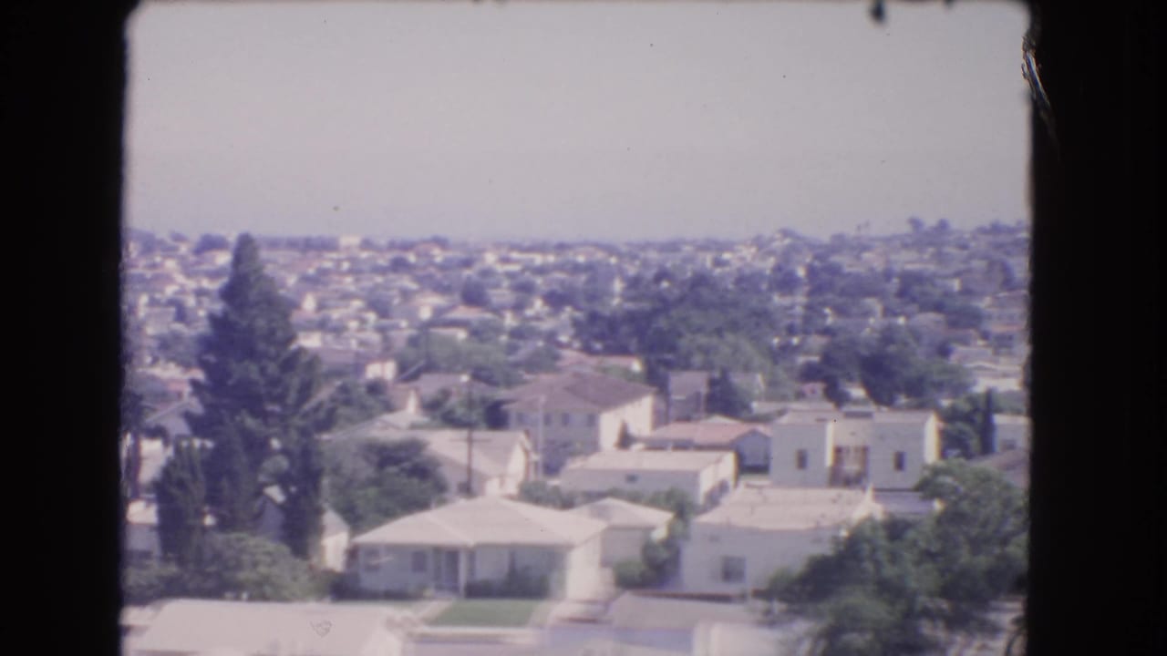 Suburban rooftops and trees seen from above, with a broad hazy horizon in the distance.