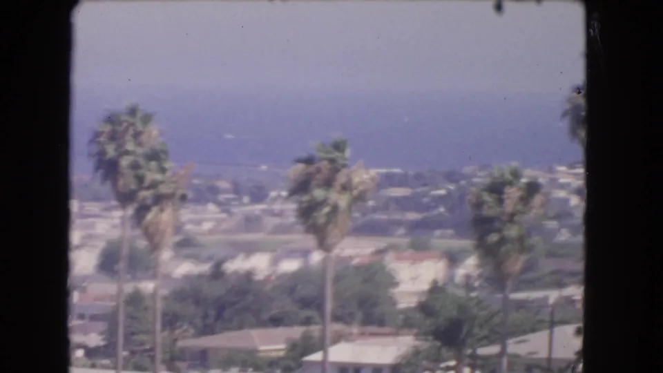 1966 Los Angeles home-movie view of palms, low rooftops, greenery, and a hazy blue coastal background.