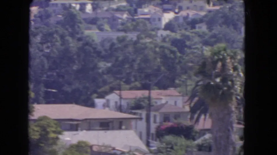 1966 Los Angeles 8mm frame with closer residential rooftops, pale exterior walls, dense trees, and a palm at the right edge.