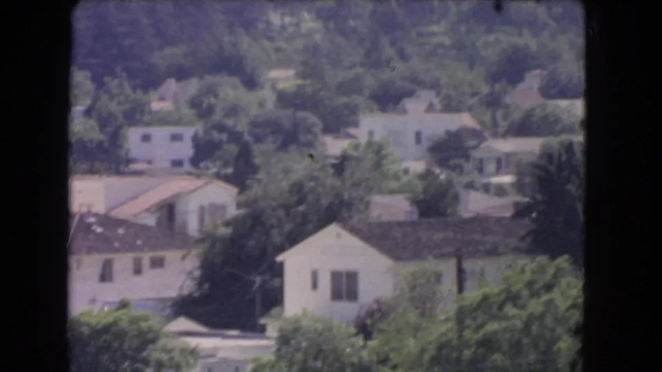 High-angle 1966 Los Angeles view of small hillside homes, rooftops, palms, and surrounding trees in soft 8mm color.