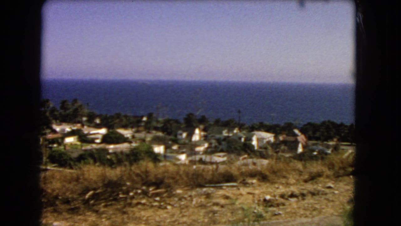 1966 Los Angeles coastal hillside view with scattered houses, palm trees, dry brush, and the Pacific Ocean beyond.