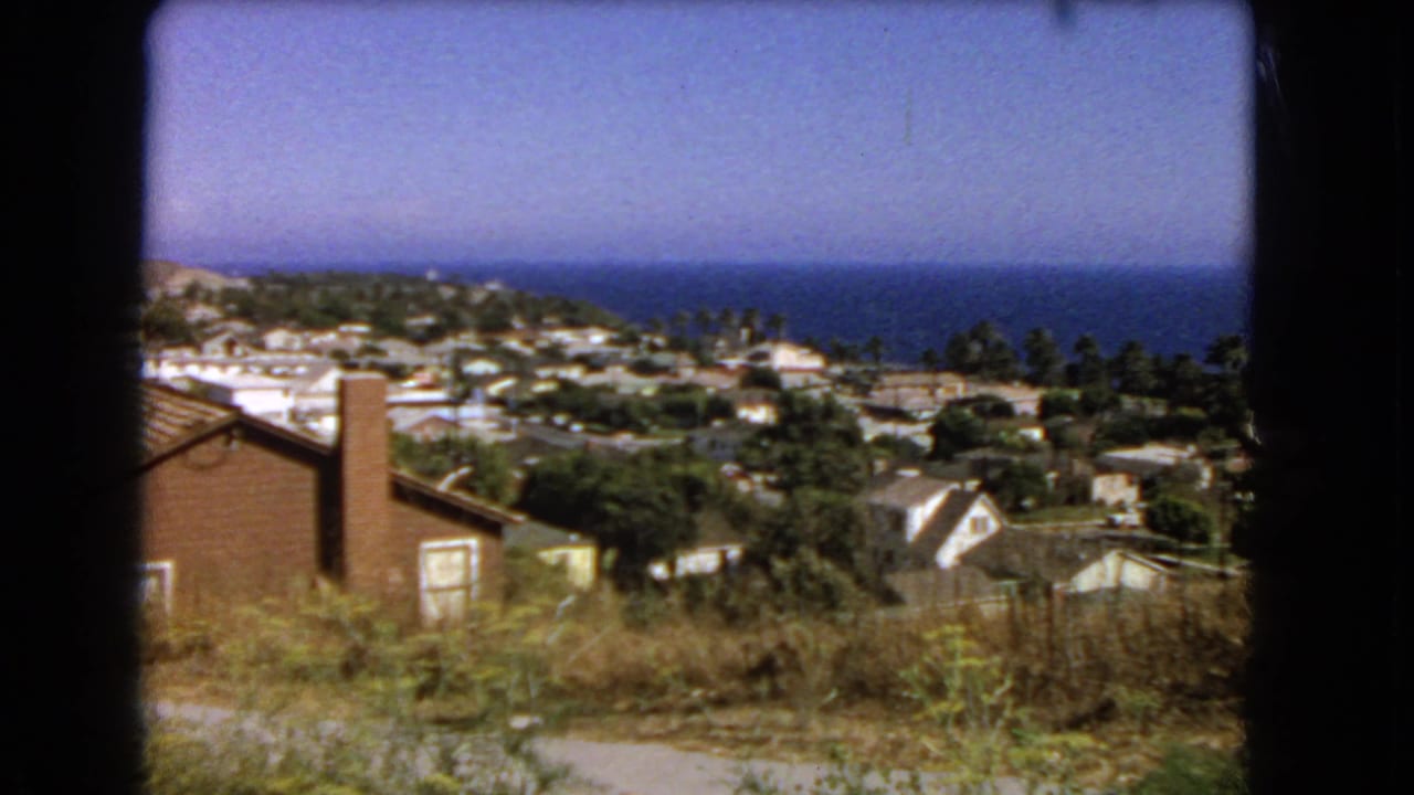 Hillside homes and trees overlook a blue ocean horizon under a clear sky.