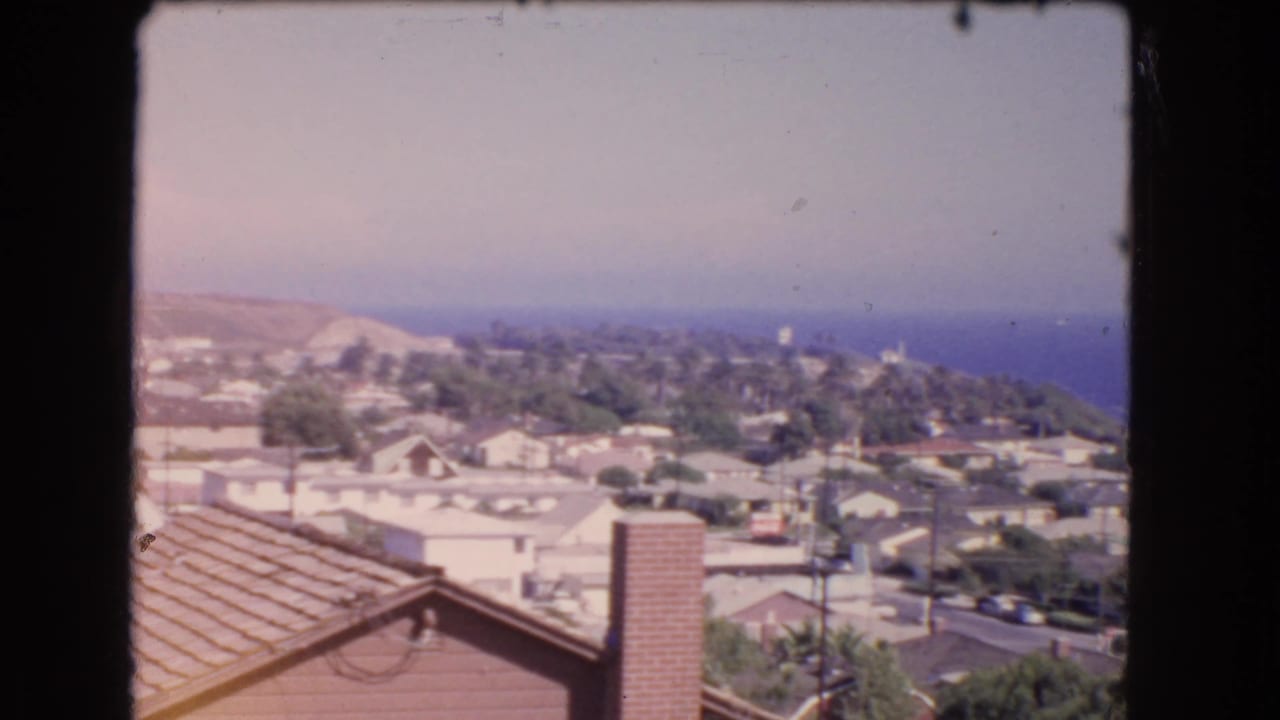 Hazy hillside neighborhood with rooftops and ocean visible in the distance.
