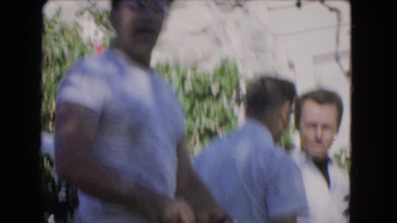 Three adult men in light shirts stand near shrubs and a stone wall outdoors.