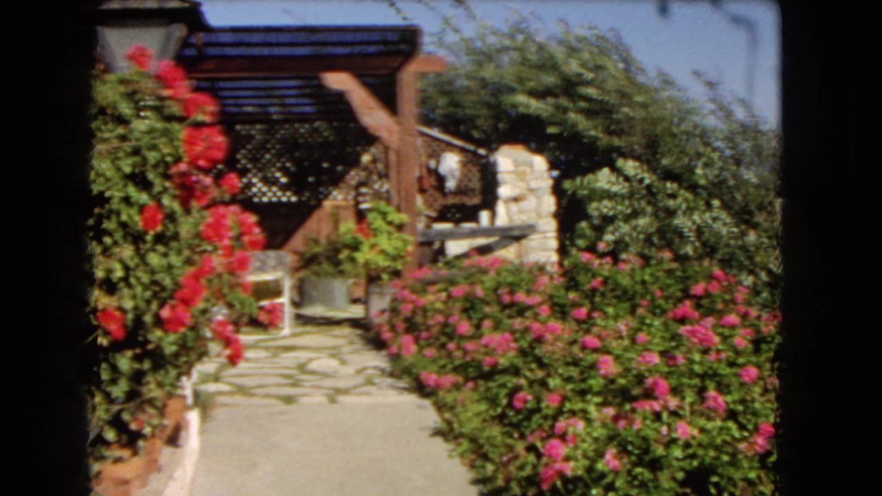 1966 Los Angeles 8mm frame showing a sunlit garden path, bougainvillea, stonework, and a wooden pergola.