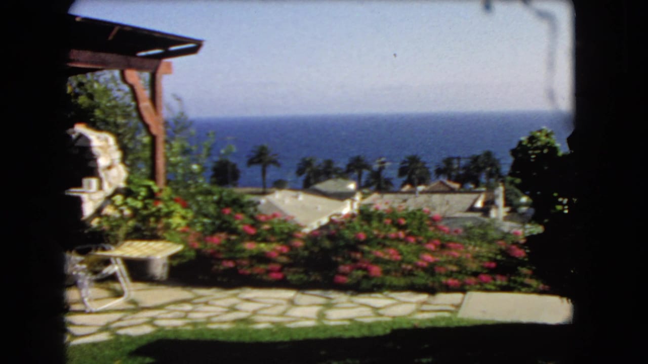 Shaded doorway view of a garden path, red flowers, palm trees, rooftops, and ocean horizon.