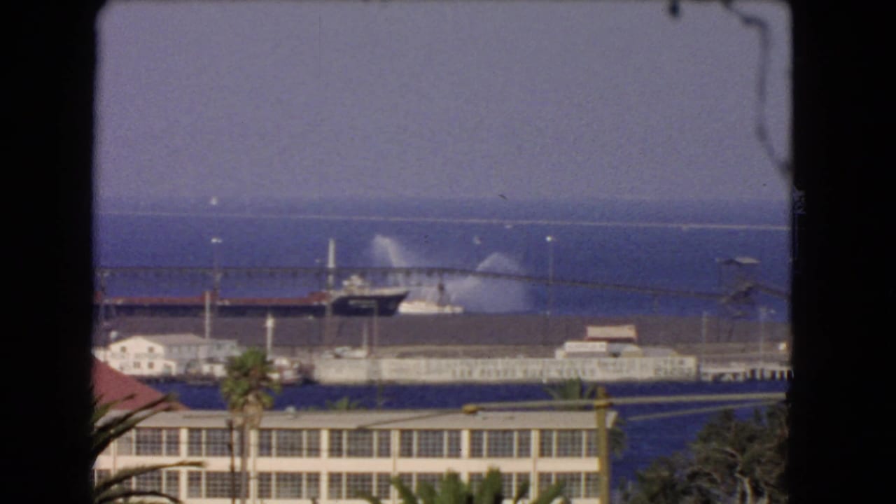 Docked ship sprays water near a pier with harbor buildings and palm trees in the foreground.