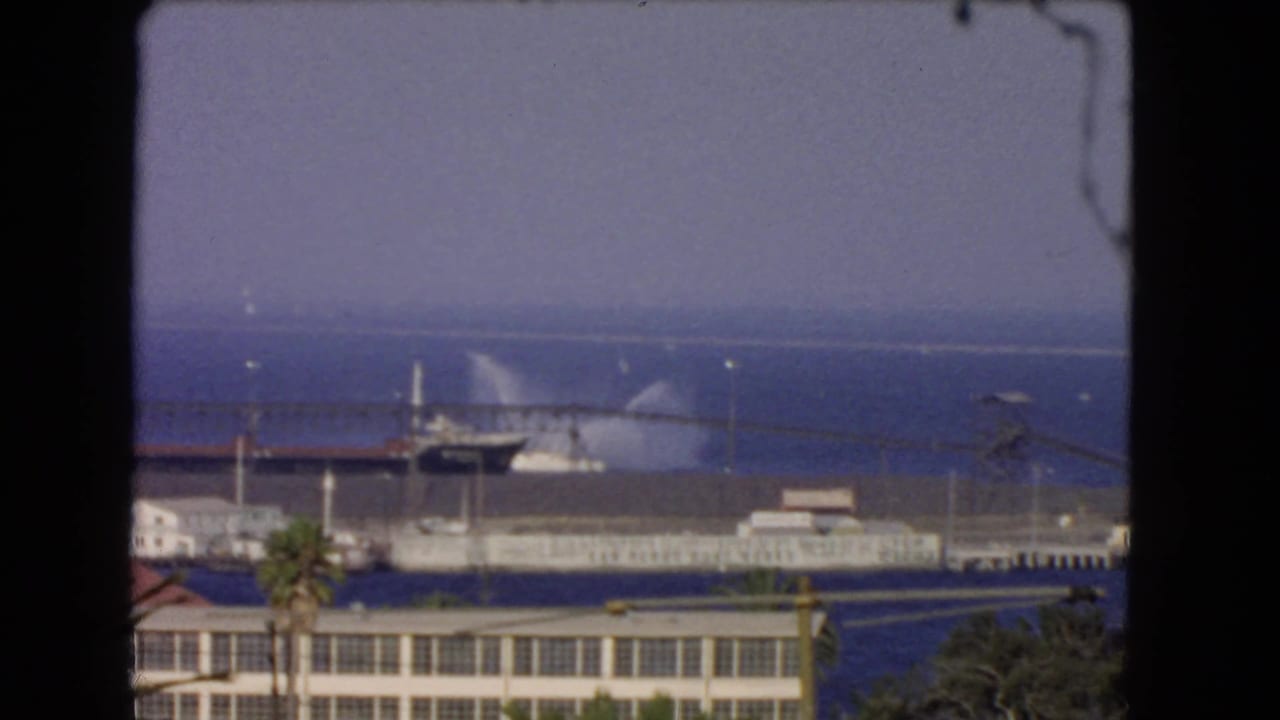 Harbor overlook with a ship spraying water beside a pier and low buildings.