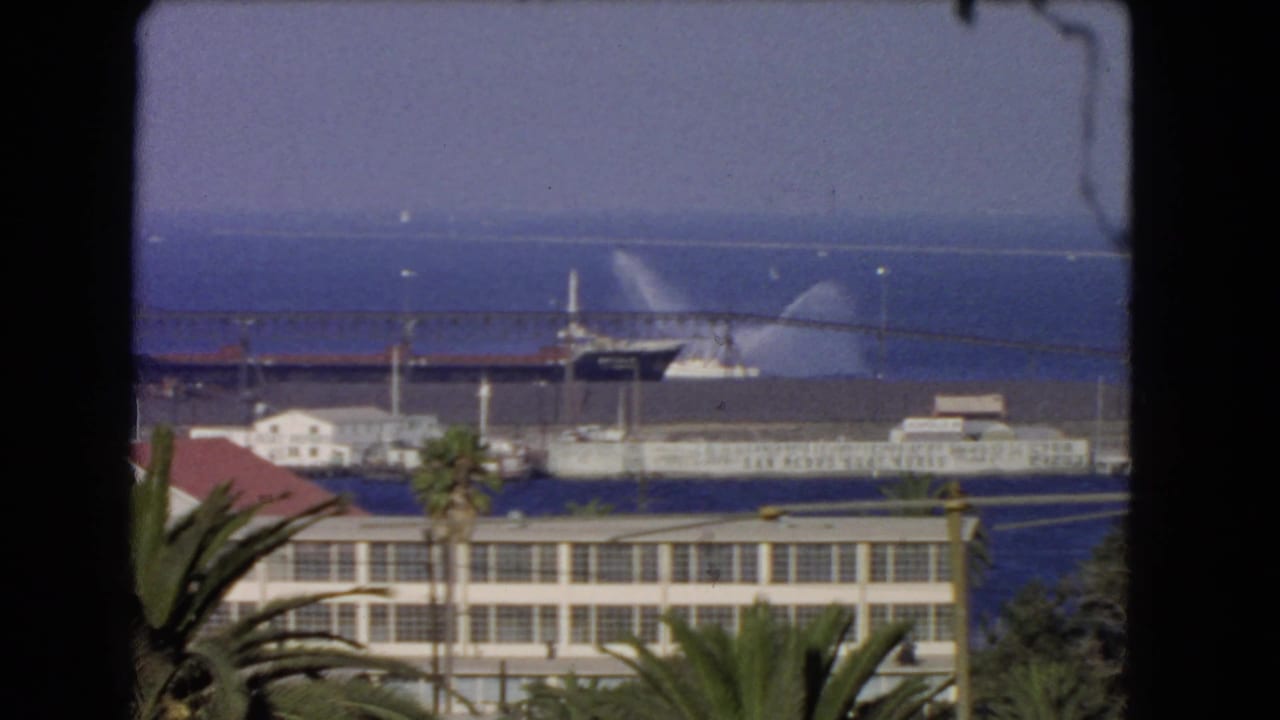 Elevated harbor view through a window frame with palm fronds, waterfront buildings, pier, vessel, and water spray.