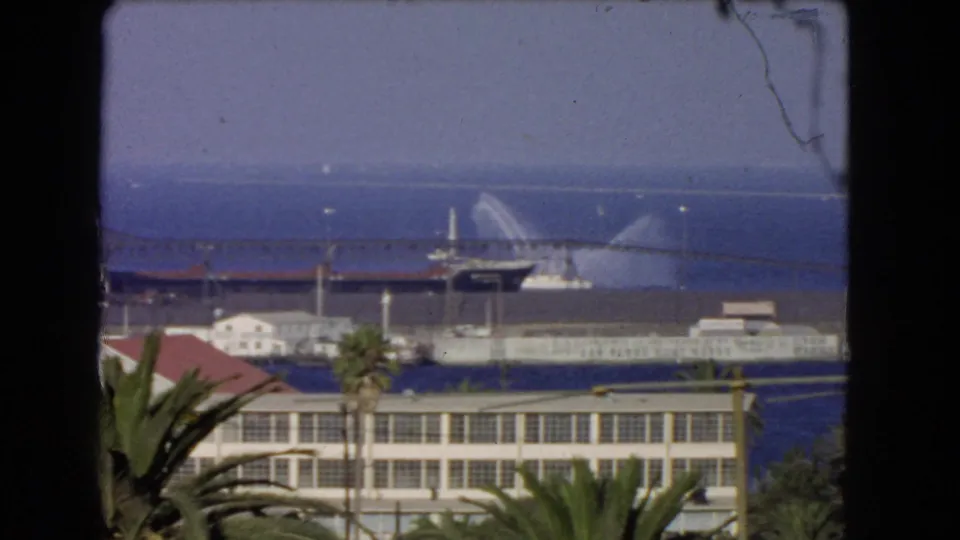 Soft 1966 Los Angeles harbor frame with palm foregrounds, waterfront buildings, a long pier, and a vessel spraying water in the distance.