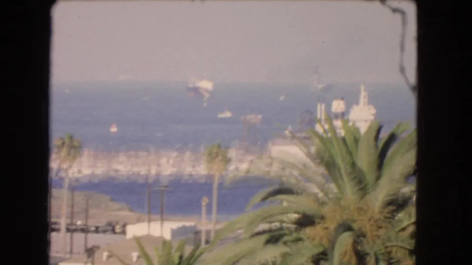 1966 Los Angeles home-movie frame of palm fronds, marina masts, hazy coastal water, distant vessels, and a small airplane.