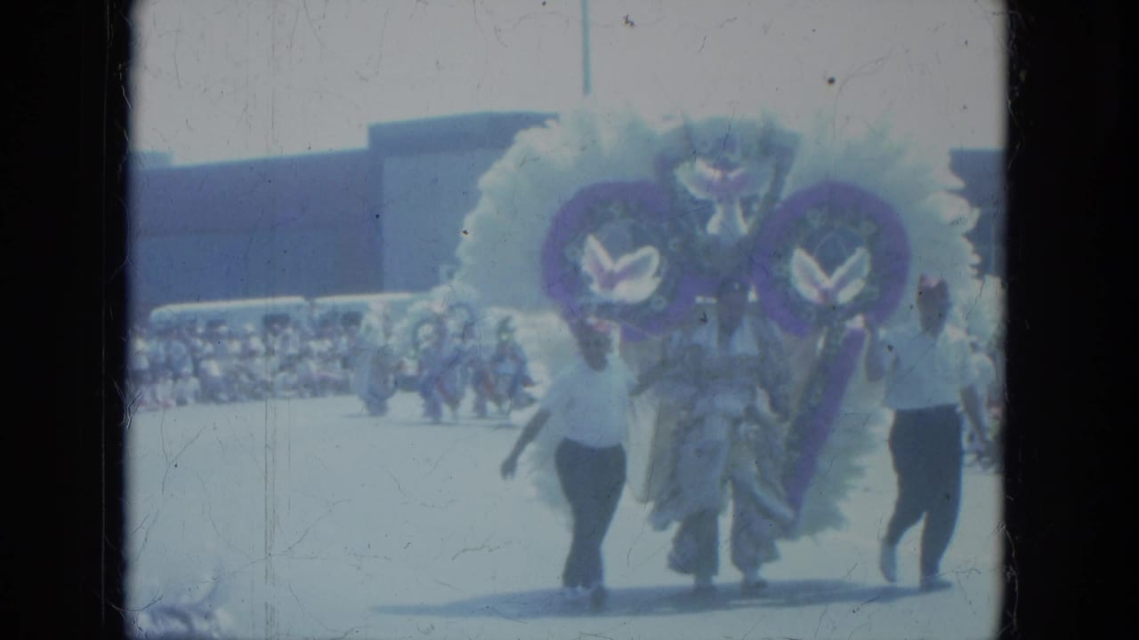 Costumed parade performers approach with large white and purple feathered headpieces.