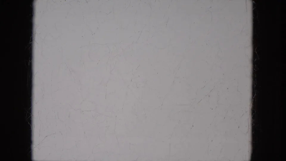 Soft, nearly blank 8mm frame with dark border, faint scratches, dust, and uneven exposure before the visible portrait appears.