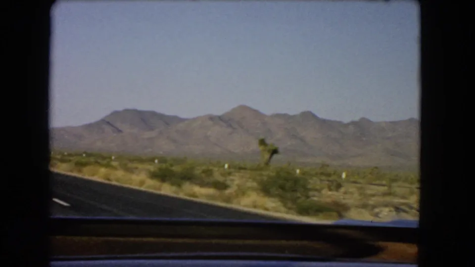 Passenger-side view of a Nevada desert highway in 1966, with a Joshua tree and mountain range beyond the road.