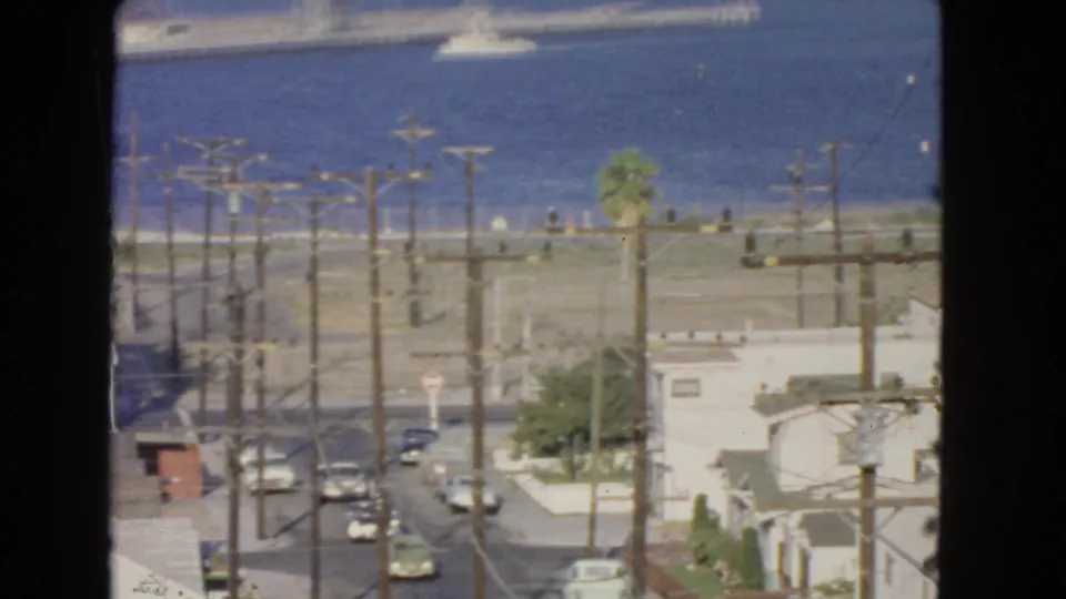 San Pedro coastal street and harbor view with utility poles, houses, cars, palm trees, and distant shoreline activity.