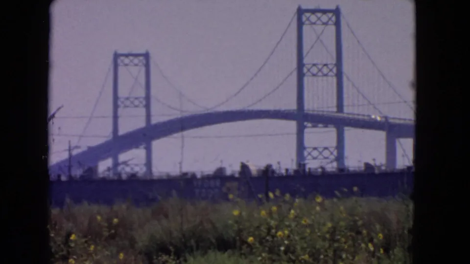 1966 San Pedro bridge view with the main span and towers crossing the frame above grasses and small yellow flowers.