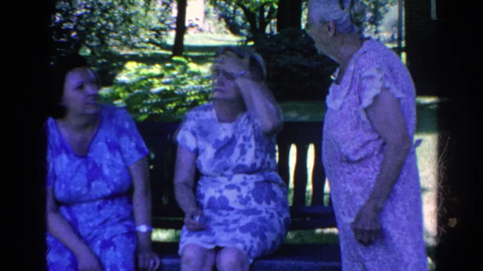 Three adult women in patterned dresses converse beside a wooden bench in a shaded Silver Lake garden, one adjusting her hair.
