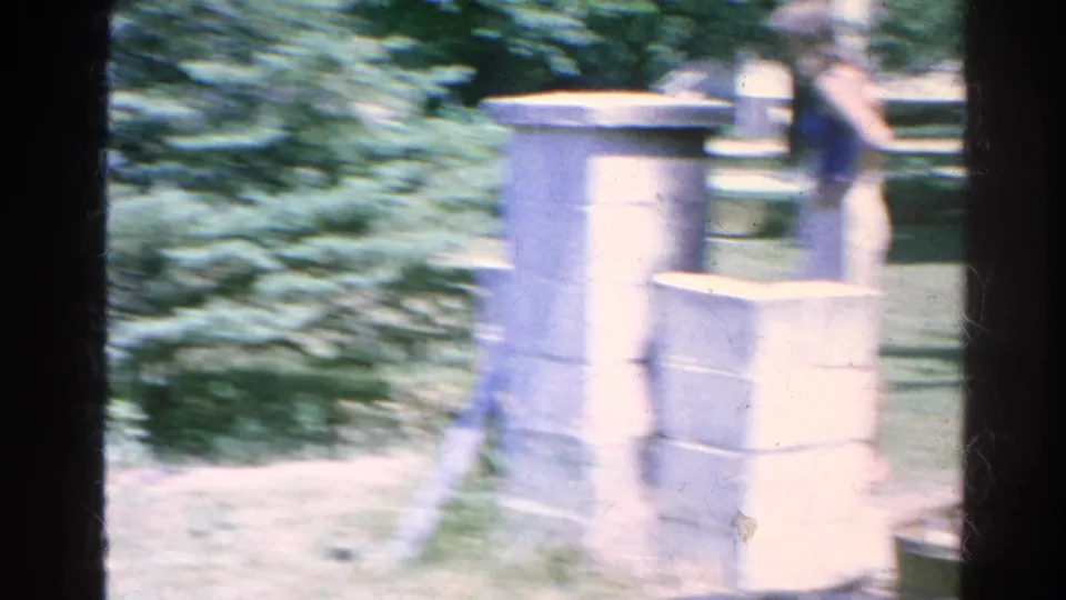 A blurred figure moves past pale stone pillars and trees in the 1966 Silver Lake home-movie croquet scene.