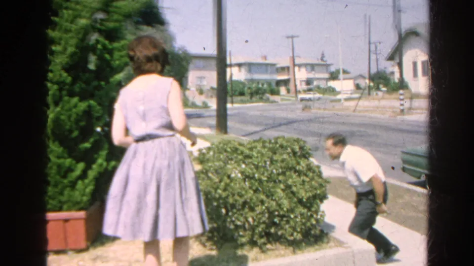 The woman faces the shrubs and street while the man bends low near the sidewalk, apparently continuing to pursue the cat.
