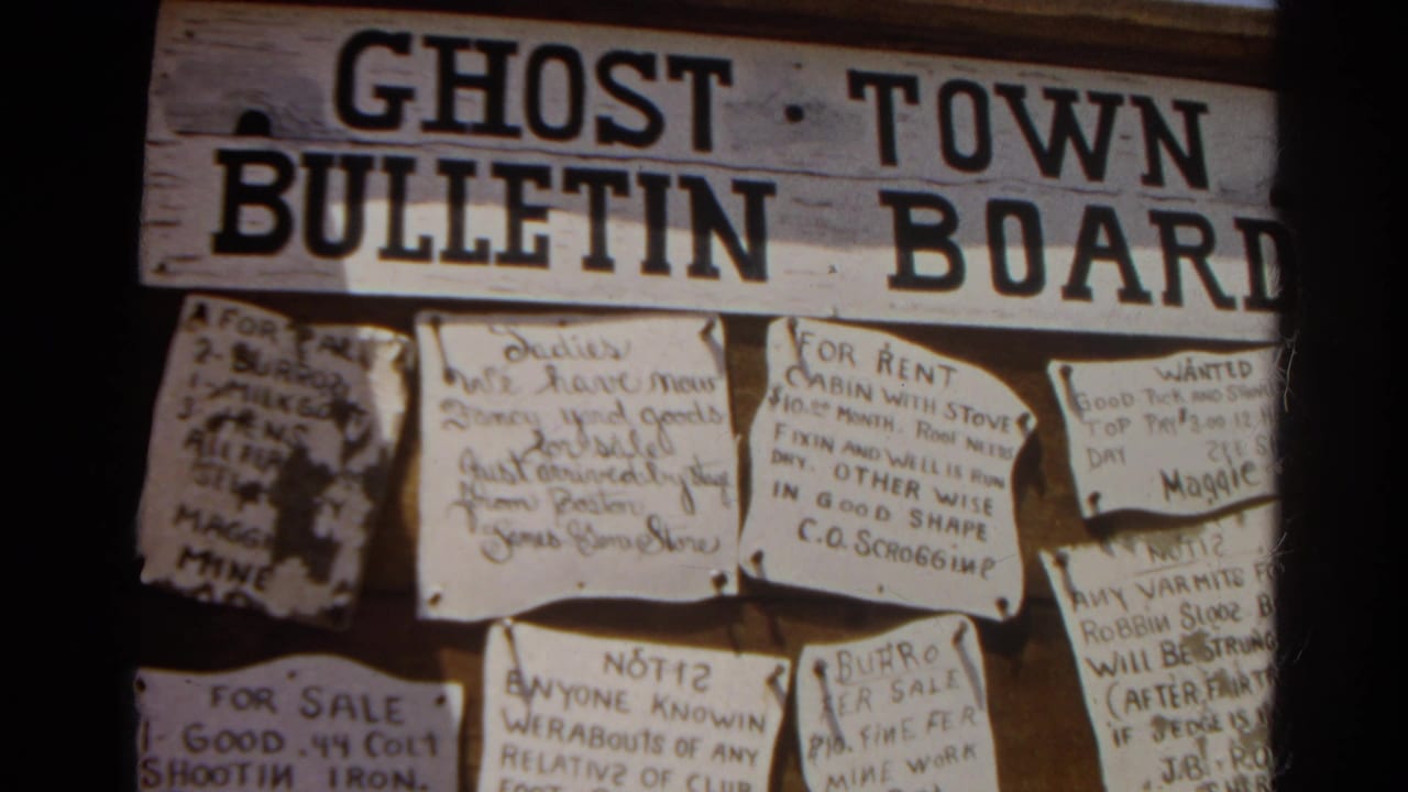 Ghost town bulletin board with handwritten paper notices pinned below painted lettering.