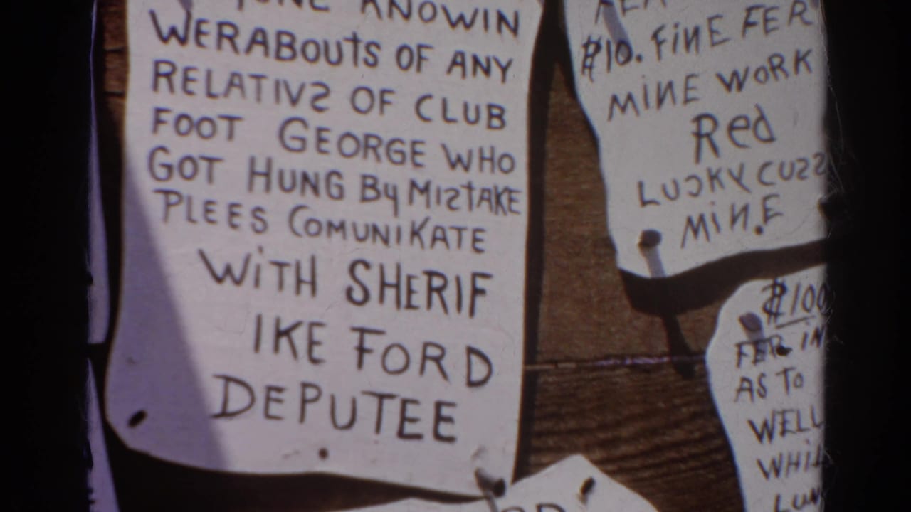 1966 Silver Lake frame centered on a misspelled handwritten notice about Club Foot George and Sheriff Ike Ford.