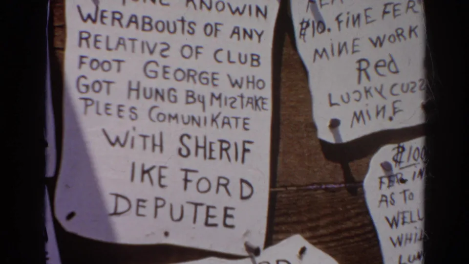 1966 Silver Lake frame centered on a misspelled handwritten notice about Club Foot George and Sheriff Ike Ford.