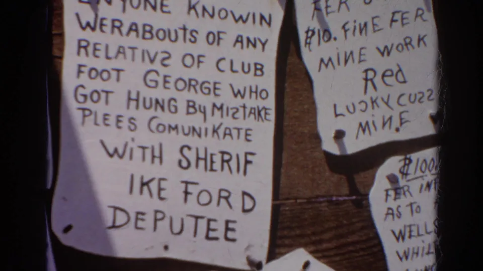 1966 Silver Lake home-movie frame showing a pinned notice about Club Foot George with adjacent partially cropped reward notices.