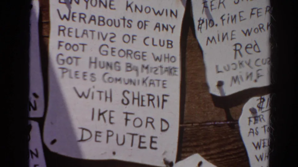 1966 Silver Lake frame showing the same pinned Club Foot George notice with partial reward-style signs at the side.