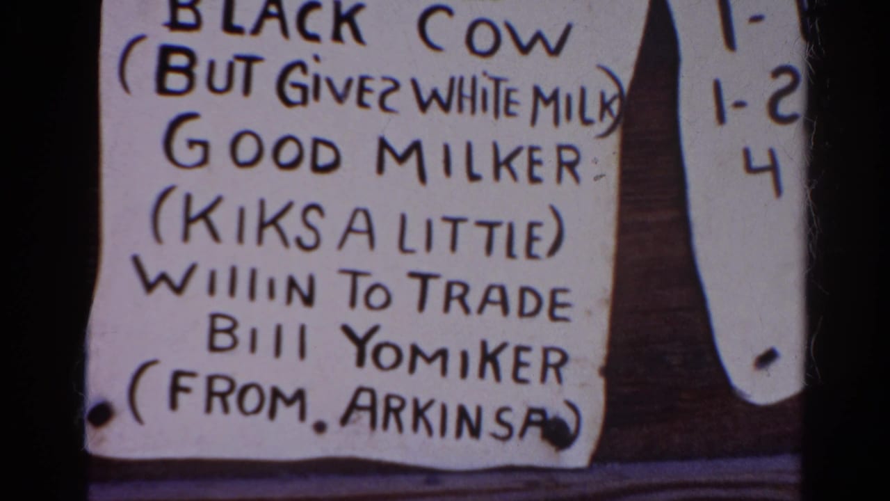 Close-up of a 1966 Silver Lake 8mm frame showing a handwritten sign about a black cow, white milk, and a possible trade.