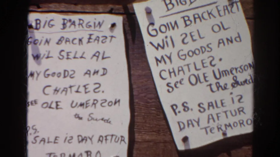1966 Silver Lake frame of overlapping handwritten sale notices, including cropped Big Bargain wording.