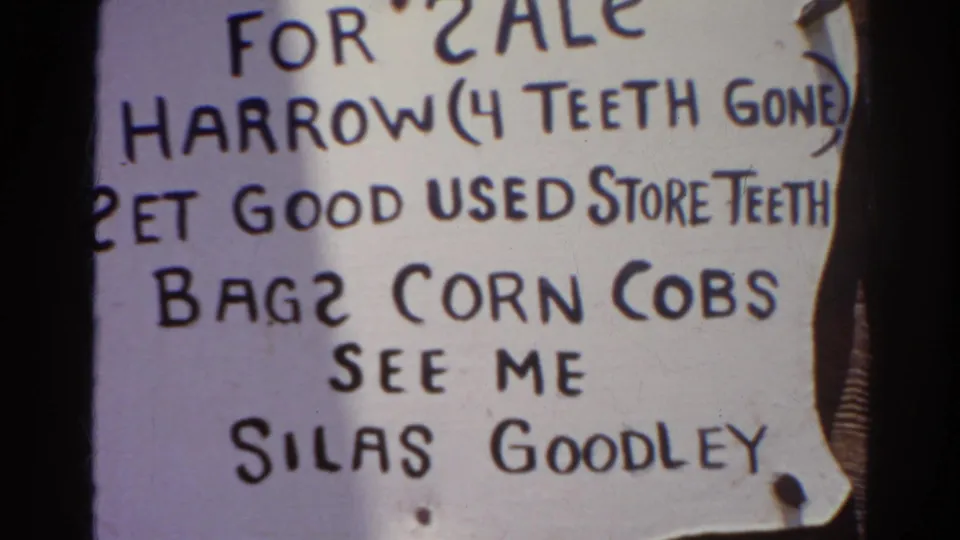 Silver Lake 1966 close-up of a handwritten For Sale notice with humorous farm-tool and corn-cob wording.