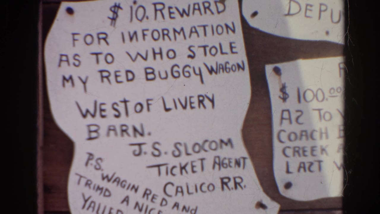 Similar close-up of reward notices, with the red buggy wagon notice sharpest and a partial $100 notice at right.