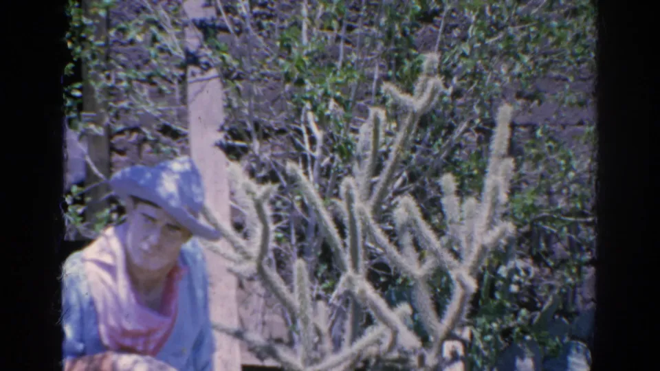 1966 Silver Lake home-movie frame showing a man in a cap near spiky cactus and sunlit vegetation.